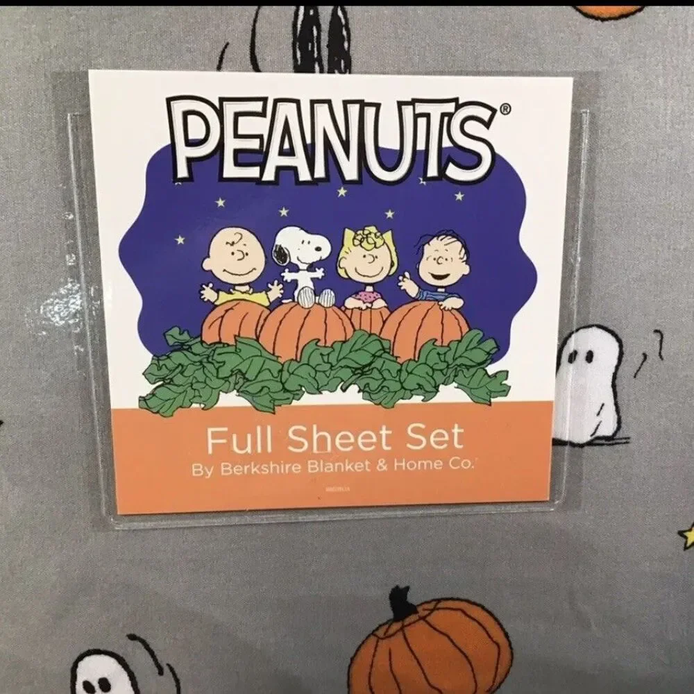 PEANUTS Snoopy Halloween Gray Full Size Sheet Set Berkshire Ghosts Pumpkin NWT
